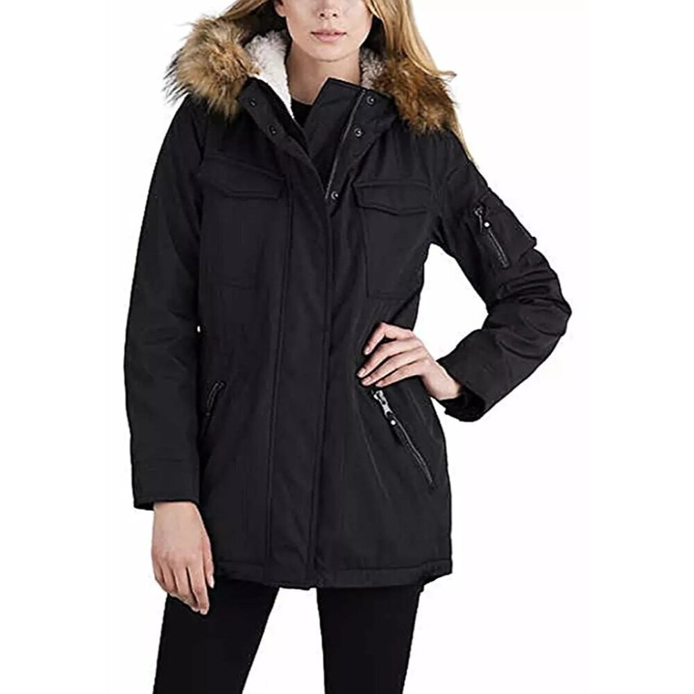 S13 New York Sherpa Lined Anorak Jacket Womens Size XS Faux Fur Hood Cinch Waist